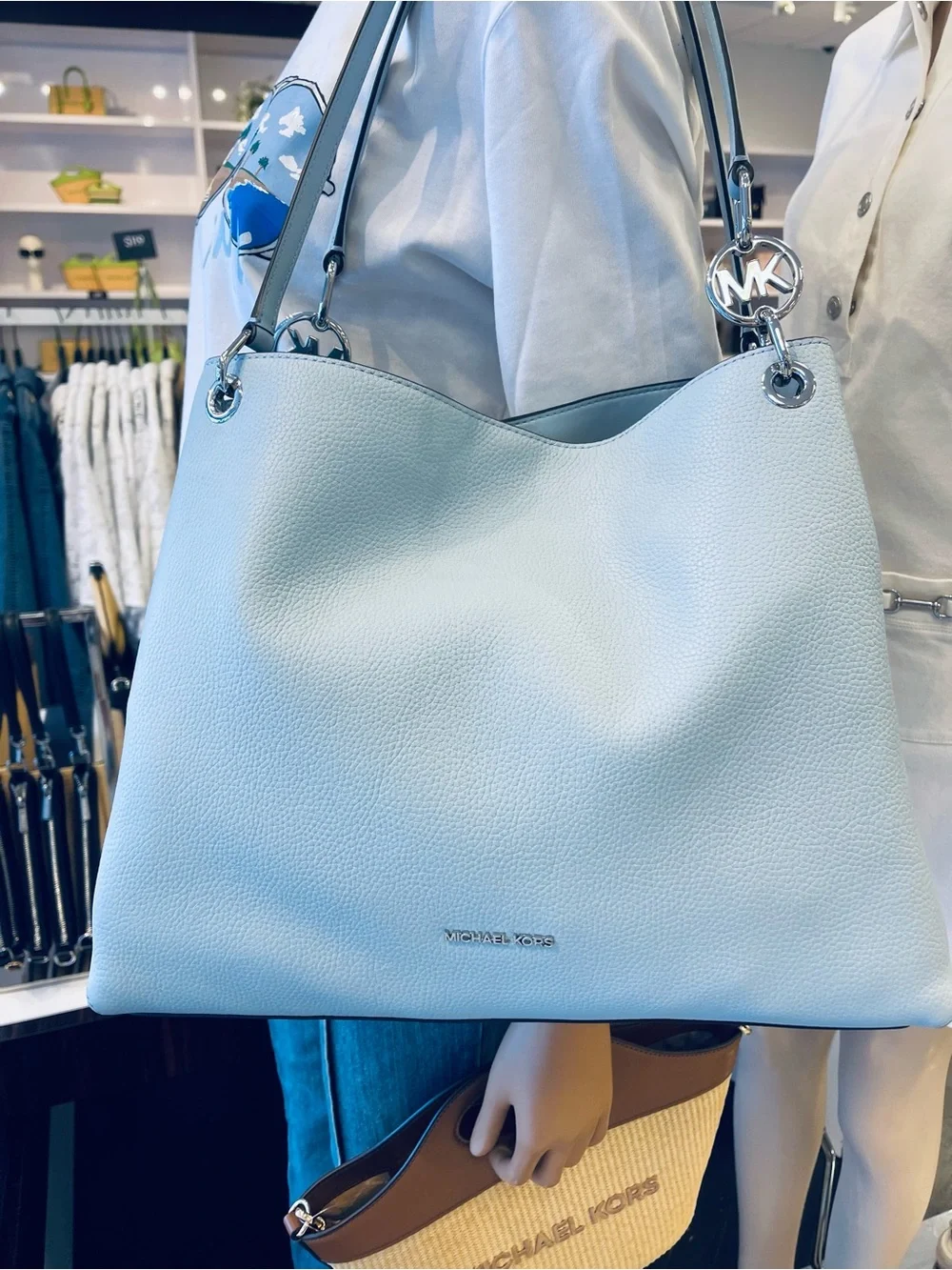 Michael Kors Christina Large Pebbled Leather Shoulder Bag Pale Ocean  NWT